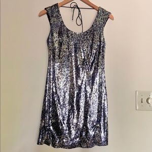 Aqua Sequin Silver & Gold Leopard Print Mini Dress